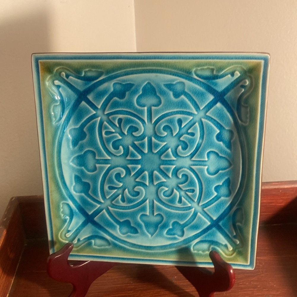 Roscher Square Blue Green Turquoise Crackled Dinner Plate Serving Platter